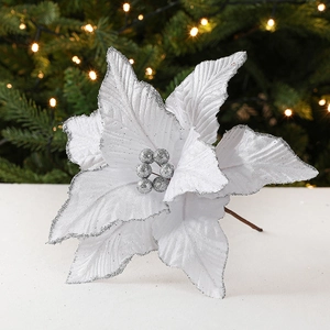 White velvet Christmas poinsettia with silver glitter edges for holiday decor