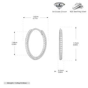 Dimensions détaillées des créoles en argent sterling 925 serties de zircons 5A