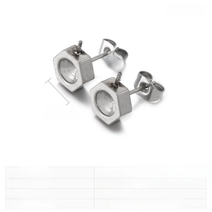 Macro detail of 9x8mm stainless steel hexagon stud earring with precise dimensions