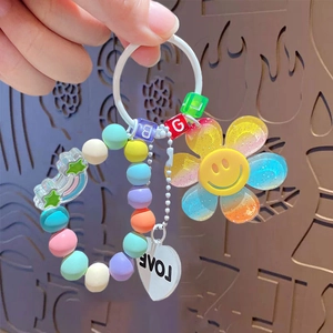 Rainbow sunflower beaded keychain with colorful resin beads and LOVE heart pendant