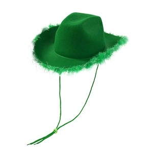 Detailed view of neon green cowboy hat with silver glitter and feather trim