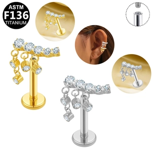 Detailed view of G23 titanium square zircon labret stud showing internal thread and tassel design