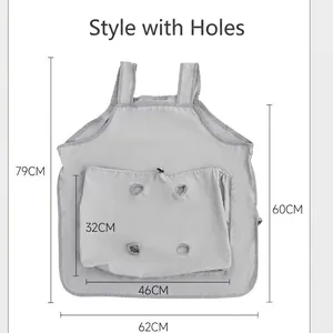 Gray pet carrier apron for cats with four leg holes and detailed dimension markings