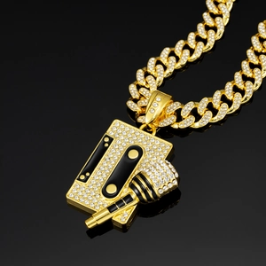 Hip hop style gold tape and microphone pendant necklace with sparkling crystal inlay