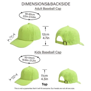 Size chart for neon baseball caps showing dimensions for adults and children