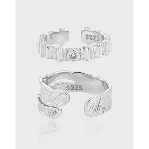 925 Sterling Silver Open Adjustable Rings Minimalist Feather Textured Stripe Cubic Zirconia Fashion Jewelry Women