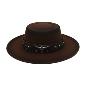 Vintage brown wool felt flat top hat with western bull skull leather band detail
