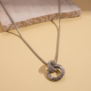 Minimalist silver multi-layer geometric ring pendant necklace with sleek snake chain