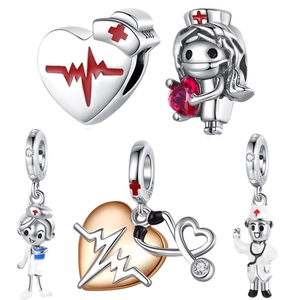 925 Sterling Silver Medical Doctor Nurse Charms Heart Stethoscope Enamel Zircon Beads For DIY Bracelet Making
