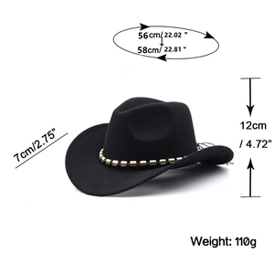 Black wool cowboy jazz hat with beaded chain and specific dimensions for men and women
