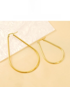 Detail view of 18K vacuum plated gold waterdrop earrings in two different sizes