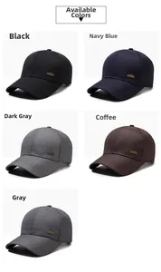 Detail showing five casual baseball cap colors with textured twill and leather side patch
