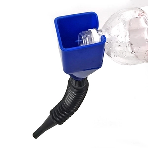Blue square portable funnel with flexible black hose for car and motorcycle refueling