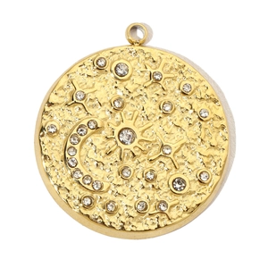Detailed view of gold celestial pendant featuring moon and sun motifs with crystal stones