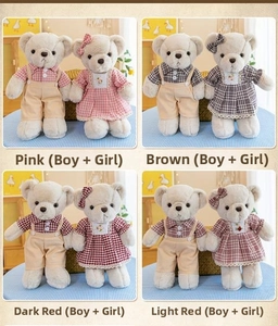 Detail of plush teddy bear couple set with plaid outfits and lace embroidery details
