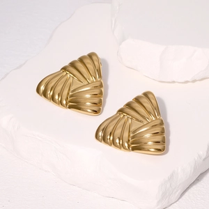Retro golden triangle titanium steel stud earrings with textured metallic finish