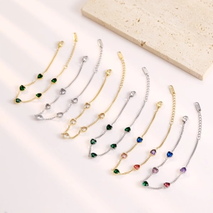 Chic heart-shaped colorful zircon bracelets in gold and silver stainless steel chain