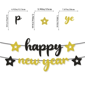 Bannière Happy New Year pailletée noir et or avec des étoiles et des mesures de taille exactes