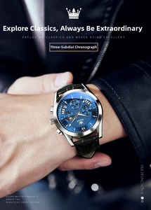 Detail view of OLEVS quartz chronograph watch dial with date window and leather strap