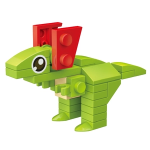 Detailed view of a green stegosaurus building block toy with red plates on a white background