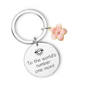 Silver stainless steel keychain with 'World's number one mom' engraving and pink flower