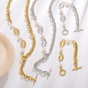 Toggle Clasp Chain Necklace And Bracelet Stainless Steel 18K Gold Plated Natural Artificial Pearl Asymmetric Trendy Jewelry Women