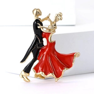 Broche Couple Dansant Alliage Émail Huile Robe Rouge Costume Noir Bijoux Vintage Élégants
