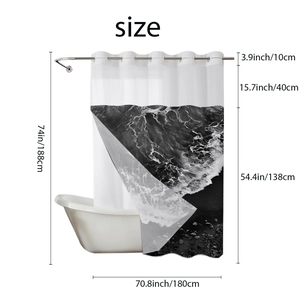 Detailed size chart showing 180x188cm dimensions for marble pattern waterproof shower curtain