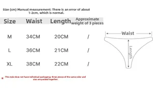 Size chart showing waist and length measurements for velvet floral mesh thongs