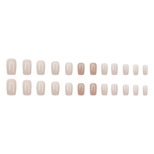 Short square press-on nails set in nude pink with silver glitter gradient accents
