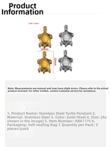 Macro detail of turtle charms in stainless steel showing 14x20mm dimensions and hole size