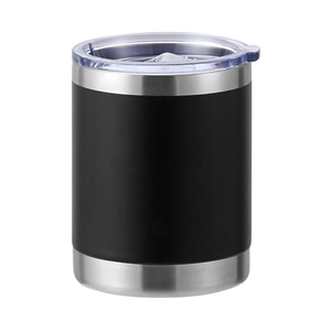 Detail of matte black 304 stainless steel tumbler with handle and clear sliding lid