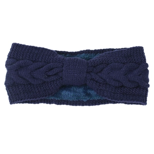 Detail of navy blue cable knit headband featuring thick thermal fleece lining for winter warm