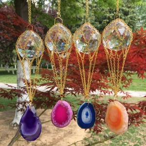Crystal Suncatcher With Natural Agate Slice Prism Hanging Ornament For Garden Window Decor Metal Mesh Ball Pendant