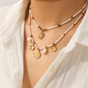 Stainless Steel Gold Plated Necklace With Imitation Artificial Pearl Sun Face And Flower Pendants Retro Elegant Jewelry For Women