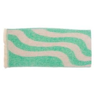 Detail of mint green and beige wave pattern jacquard scarf with soft fringe edges
