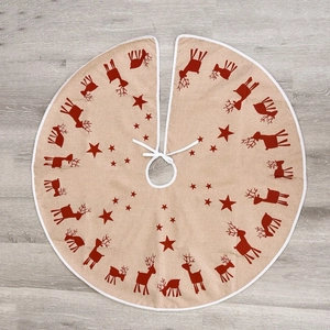 96cm burlap Christmas tree skirt with red reindeer and star patterns on wooden floor