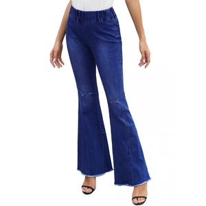 Women Ripped Flare Jeans Stretch Denim Elastic High Waist Bell Bottom Trousers Distressed Knee Raw Hem Streetwear