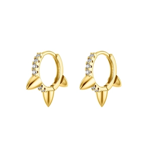Golden punk spike hoop earrings set with sparkling crystals on white background