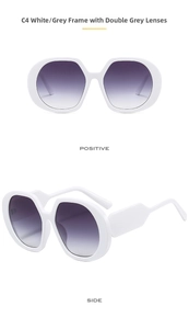 Macro view of white oversized fashion sunglasses with gradient grey lenses from dual angles