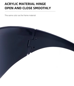 Close-up of smooth black acrylic hinge on rimless Y2K sports cycling sunglasses
