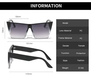 Detailed size chart for square oversized sunglasses with frame and lens measurements