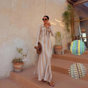 Handmade crochet beach maxi dress with wave pattern, V-neck and hollow-out long sleeves