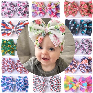 Detailed collage of high-elastic baby bow headbands in various floral and leopard prints