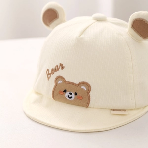 Cute beige baby cotton soft brim hat with bear embroidery and 3D ear accents