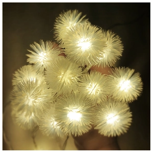 Close-up of warm white LED dandelion globe lights with textured spiky fiber details