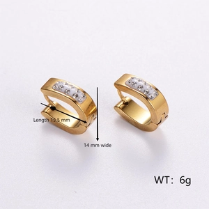 Gold rectangular pave earrings with dimensions 15.5mm x 14mm and 6g weight on white background