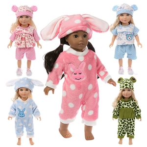 Five styles of doll outfits including pink rabbit and green frog plush costumes for 18 inch dolls