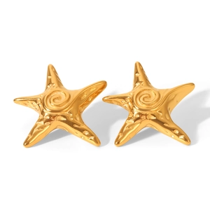Detailed close-up of golden starfish stud earrings with textured metallic finish
