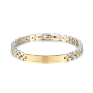 Mens stainless steel link bracelet in silver and gold with custom engraving plate